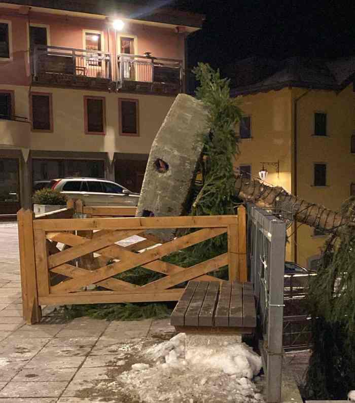 VALLE CAMONICA - Albero di Natale si rovescia in piazza a Ponte di legno