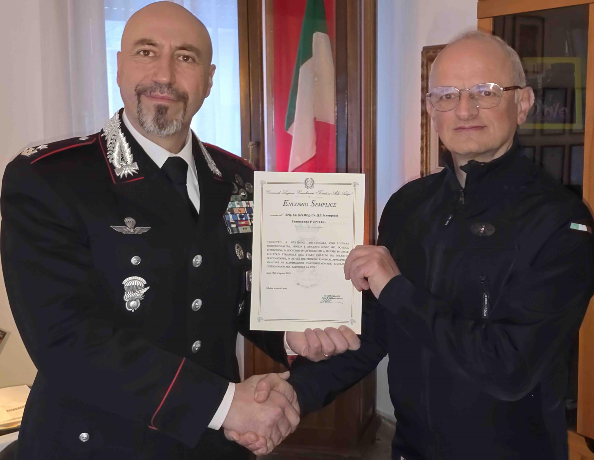 ALTO ADIGE - Salva una vita poco prima della pensione, encomio al Brigadiere Puntel